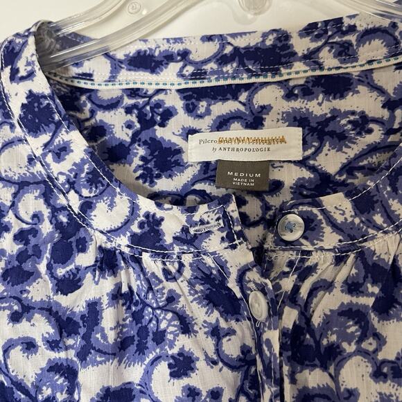 ANTHROPOLOGIE Pilcro blue floral damask button down long sleeve blouse top MED - Picture 2 of 6